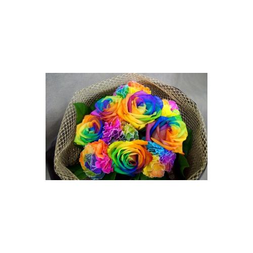 虹色のバラレインボーローズ カーネーションの花束 花屋 ａｓｔｉｎａ のオリジナル商品 フラワーギフトはプロのお花屋さんにおまかせ フジテレビフラワーネット